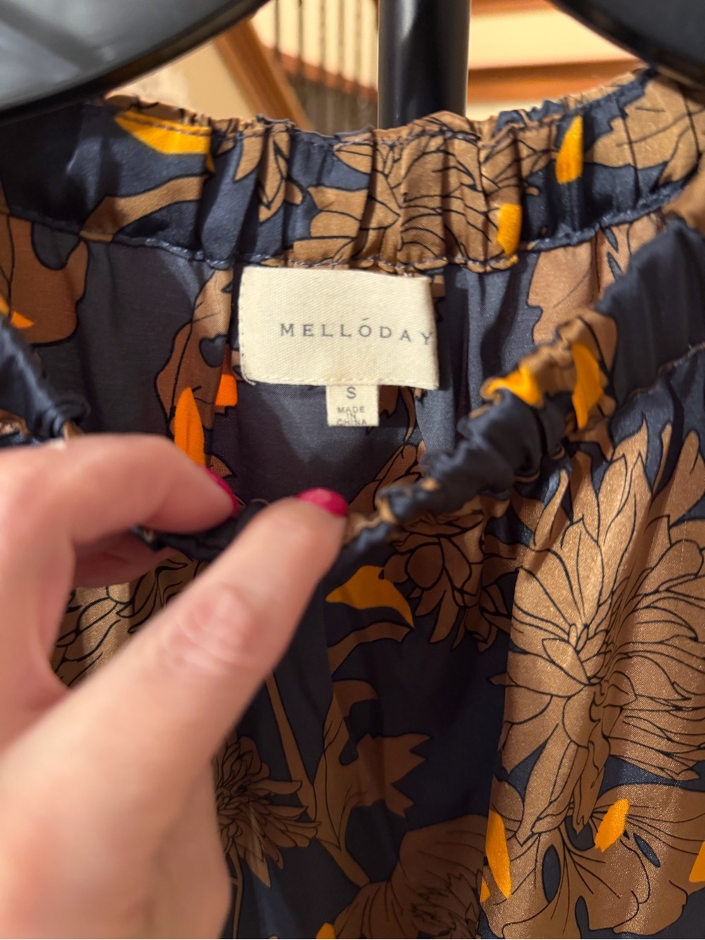 Melloday Women’s Small Navy Brown Floral Short Sleeve Blouse - Picture 2 of 6